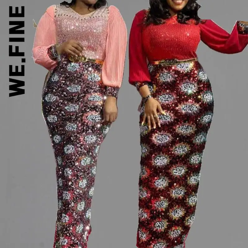 

We.Fine Fashion Dress Women Vintage Sequins Women Dress Sexy Lantern Sleeves Maxi Dress Robe Soft All-Match Clothing Vestidos