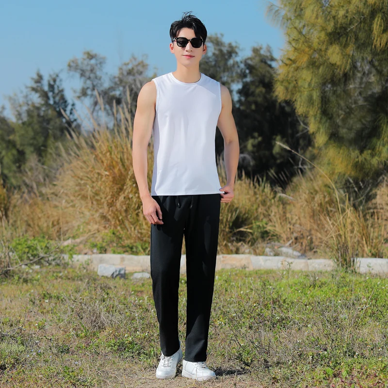 Men'S Running Fitness Summer Loose Ice Silk Quick Drying Sleeveless T-Shirt Pants Two Piece Male Basketball Tank Top Sports Set