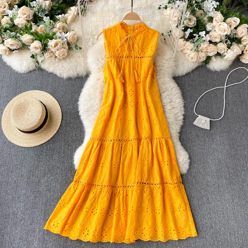 

Bohemian Long Dress Women Summer Sleeveless Midi Dress Solid Lace-up V-neck Loose Waist Embroidery Hollow Beach Holiday Dresses