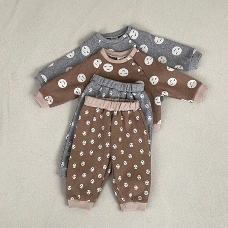 

Infant cartoon smiley print pullover long-sleeved trousers casual suit boys and girls simple spring and autumn new suit