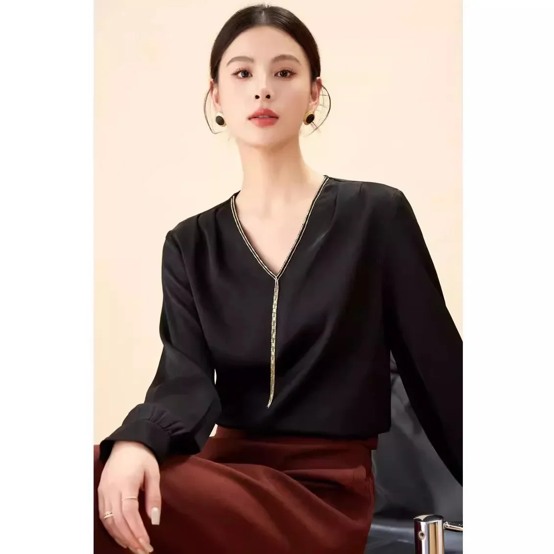 Элегантная шифоновая блузка с длинными рукавами для женщин осень 2024 Новое