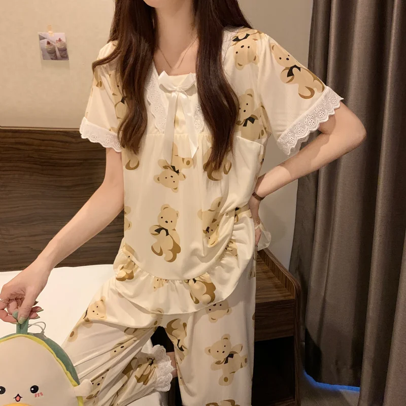 Aging cute bear Pajama suit women's summer 2022 new lazy style can be worn outside home clothes three piece suit fashion