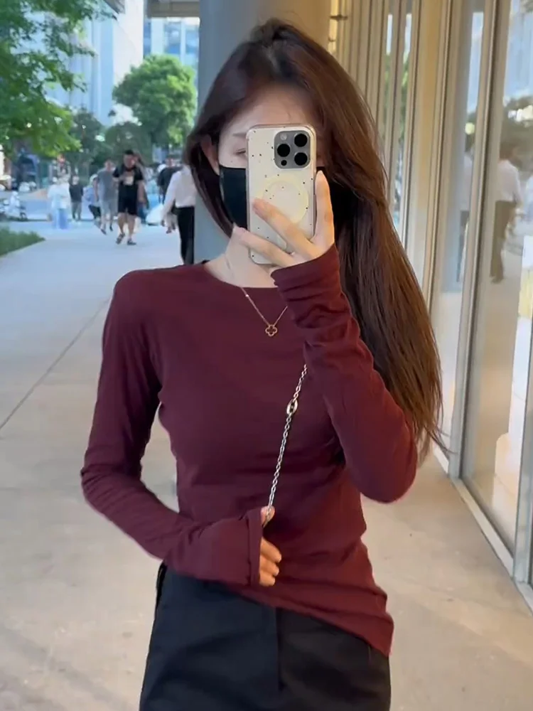 Корейская серия Wine Red Рубашка с длинными рукавами Женская весна и осень Slim fit Short