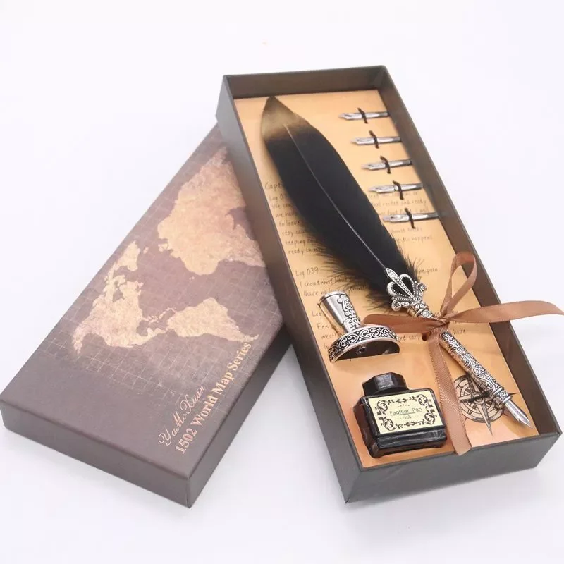 

Luxury Calligraphy Feather Dip Pen Writing Ink Set Stationery Gift Box with Wedding Quill Pen Metal Fountain Pen Set pen luxury