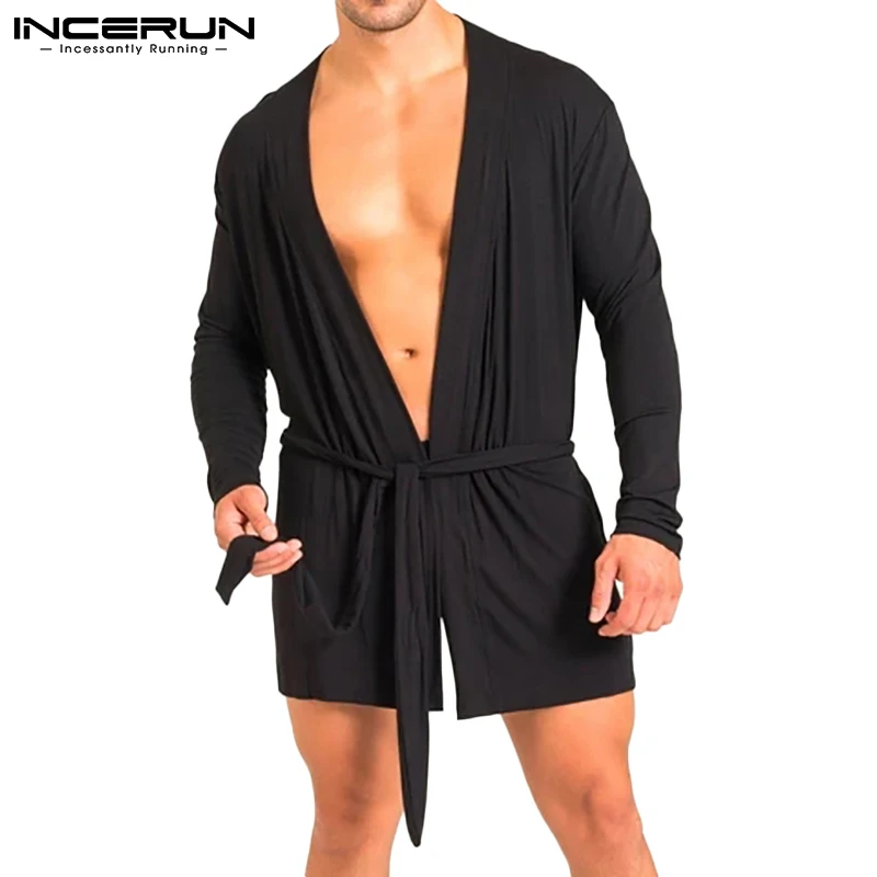

Fashion Casual Style Men Robes Loose Solid Color All-match Simple Mid-length Long-sleeved Cardigan Robes S-5XL INCERUN Tops 2022