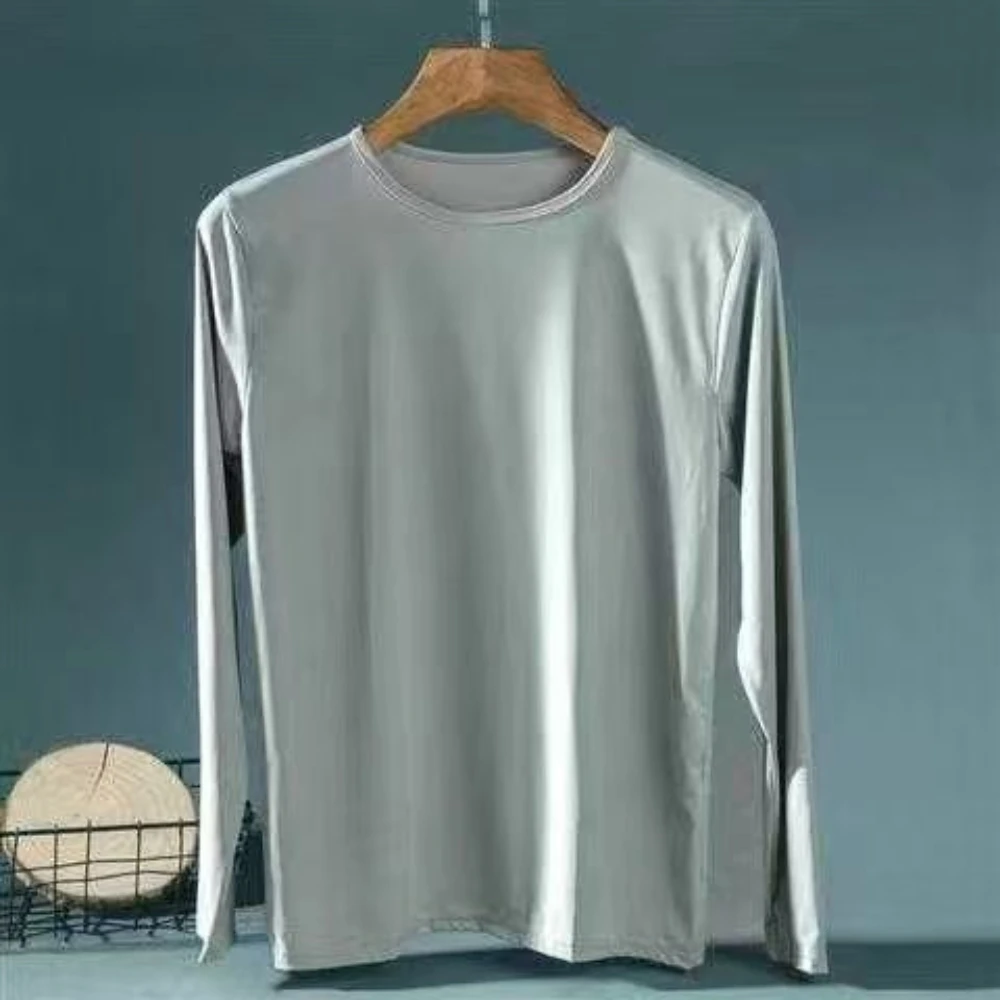

Spring Autumn Pure Cotton Long-sleeved T-shirt Men's Loose Light Gray T-shirt Men's Summer Solid Color T-shirt Bottoming Top