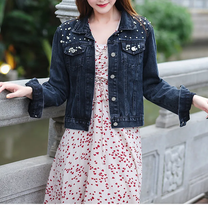 

Jean Jackets Women Nail Bead Girl Student Coats Light Blue Loose Tops Korean Version Fashion Outwear Denim Vest Woman Denims