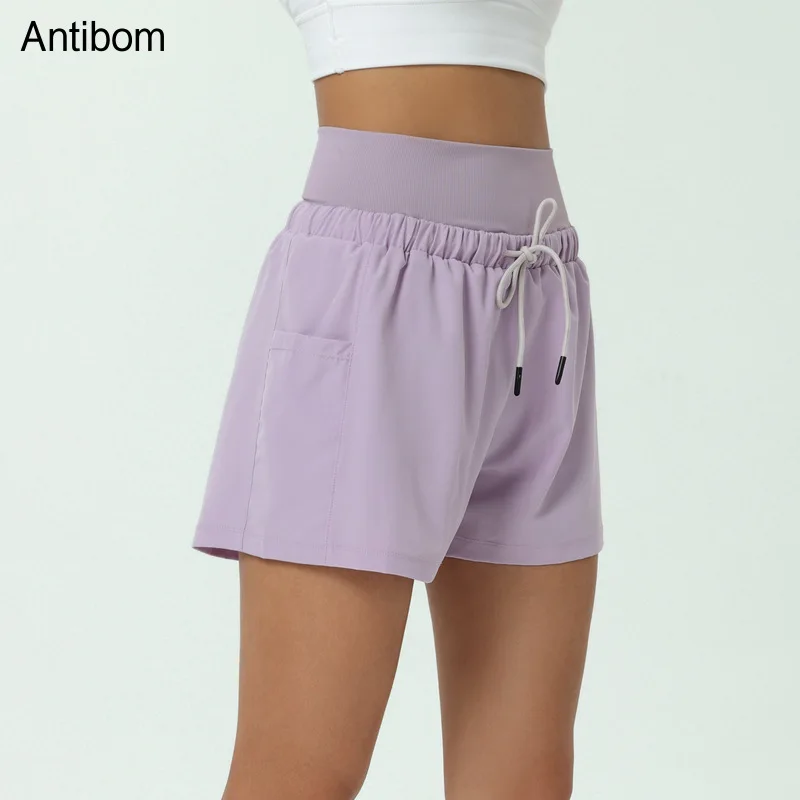 Antibom 2 In 1 Yoga Shorts Women's High Waist Pocket Fitness Running Sportswear Female Loose Quick-drying Anti-glare Summer