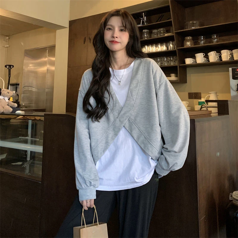 

Fake Two Long Sleeve Women T Shirts Spliced Hit Color Autumn Thin Korean Fashion Student Harajuku Casual Oversized Clothing Grey