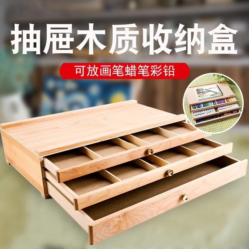 Tanie 40.9x25.9cm Desktop Easel Wooden Storage Painting Box 3-layer Drawer Portable Oil Painting Box Sketch Pencil Tool Box