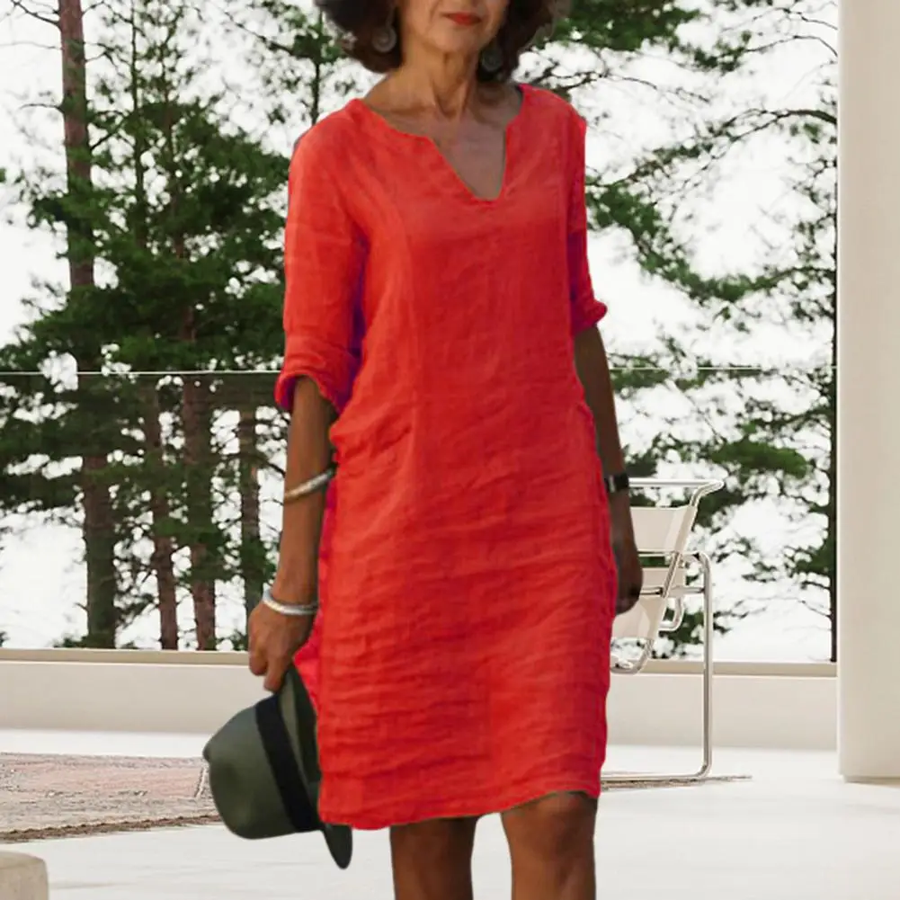 

Women Dress 3/4 Sleeve Small V-neck Thin Dress Distressed Summer Loose Dress Knee-length Retro Dress Daily Garment