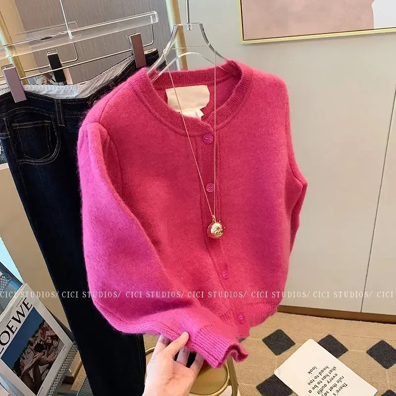 Красная Женская Осенняя трикотажная куртка мягкий стильный тонкий кардиган