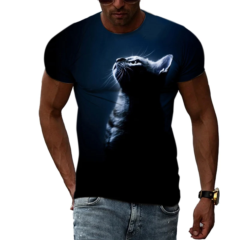 Men'S Cat Printed T-Shirt, Animal 3d Printed Black Shirt, Round Neck, Comfortable Top, Modern Style