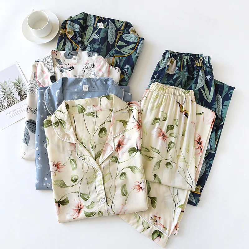 New 100% Viscose Pajamas Two-piece Long-sleeved Trousers Women's Flowers Comfortable Plus Size Homewear Suit