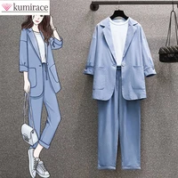 large cotton hemp casual suit jacket elegant women 2022 new korean pure color fashion suit two piece set suits 2 elegant pieces