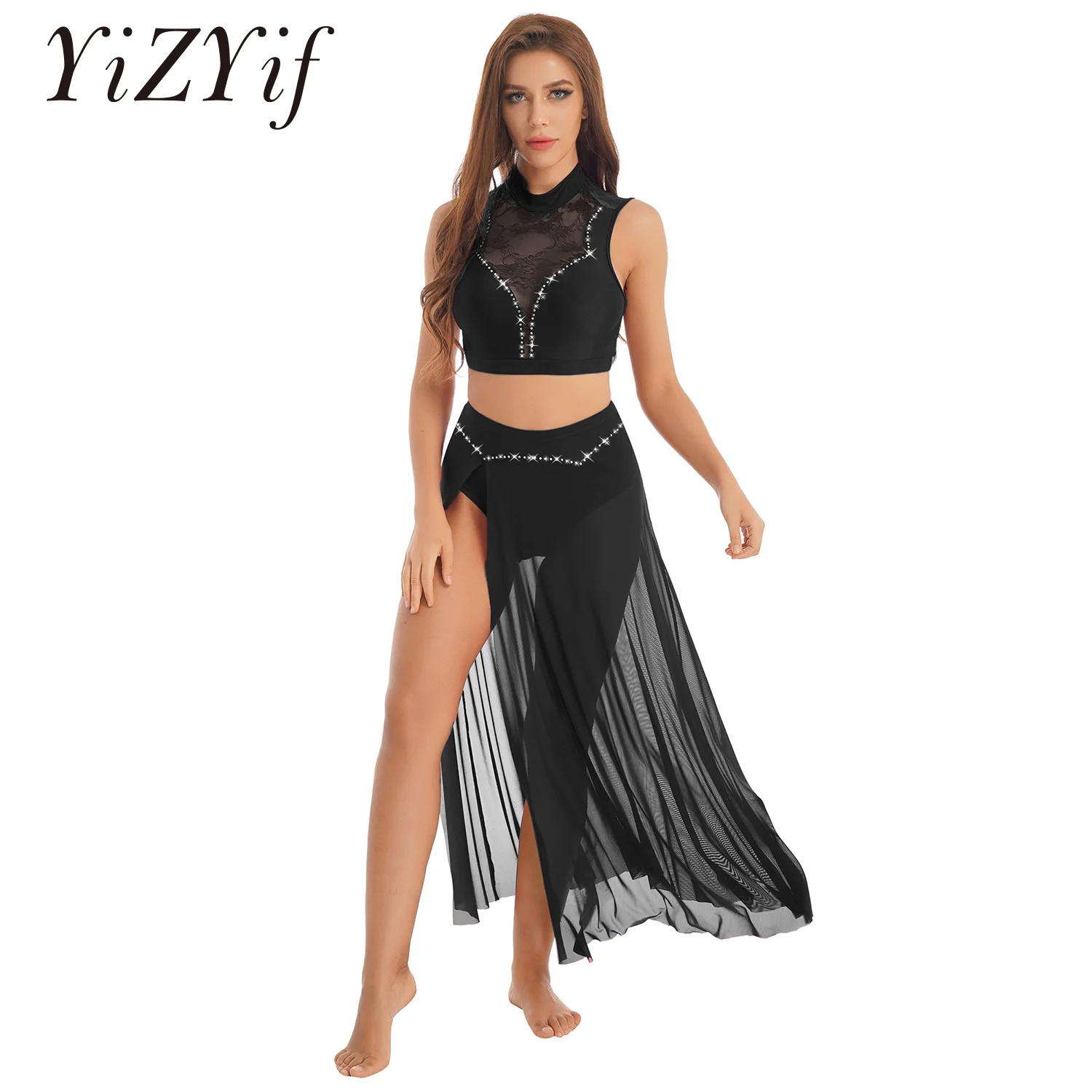 

Womens Ballet Tutu Dancewear Rhinestone 2Pcs Floral Lace Crop Top+Split Mesh Maxi Skirt Outfit Ballerina Lyrical Stage Costumes