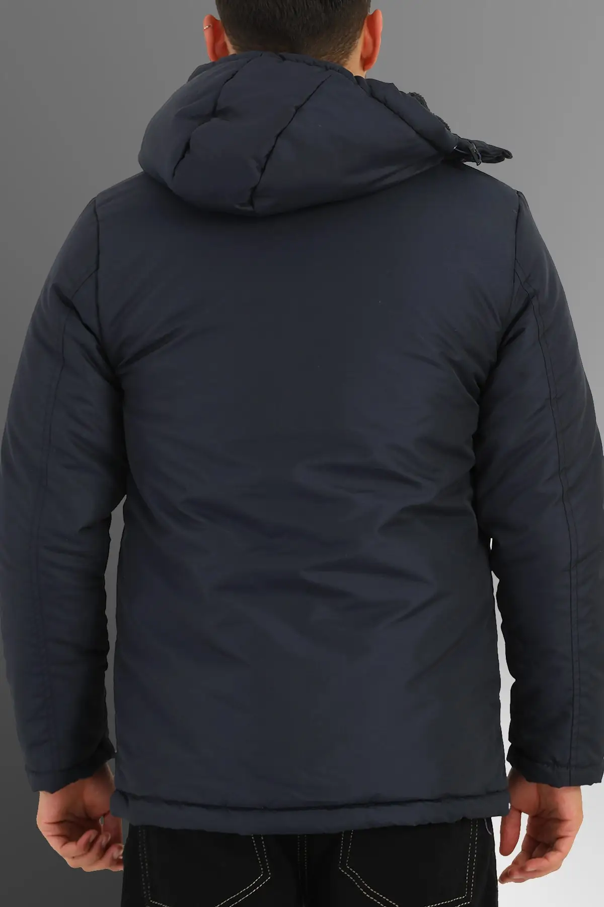 Men's Fleece Lined Detachable Hooded Waterproof Navy Blue Coat