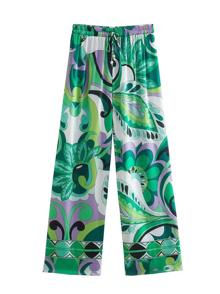 

Women 2022 Autumn New Chic Fashion Printed Pants Vintage High Elastic Waist Drawstring Female Trousers Mujer