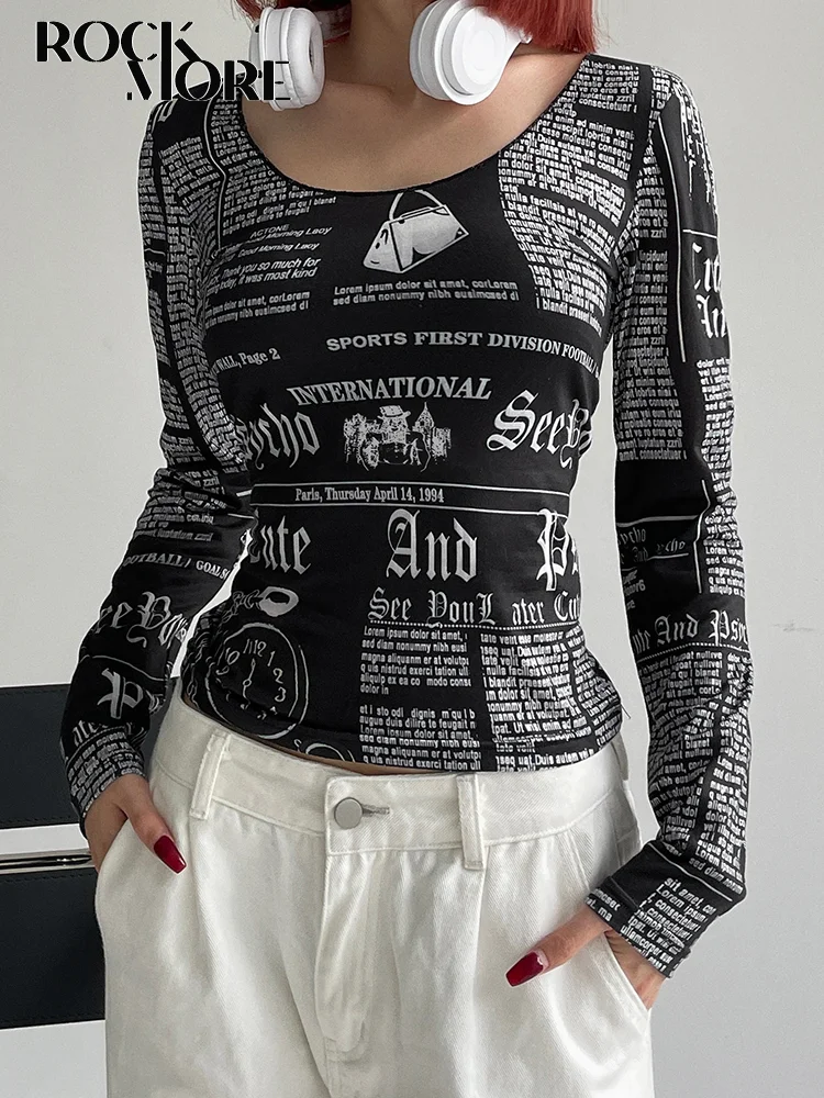

Rockmore Letter Print T-Shirt Harajuku Basic Long Sleeve Vintage Tops Y2K Fairycore Clothes Casual Women'S Tee Shirts Korean