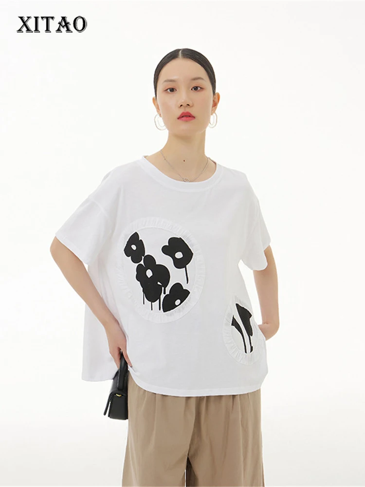

XITAO/футболка с цветочным рисунком, лоскутный маленький свежий пуловер, короткий рукав, богиня, вентилятор, повседневный стиль, 2022, летняя фут...