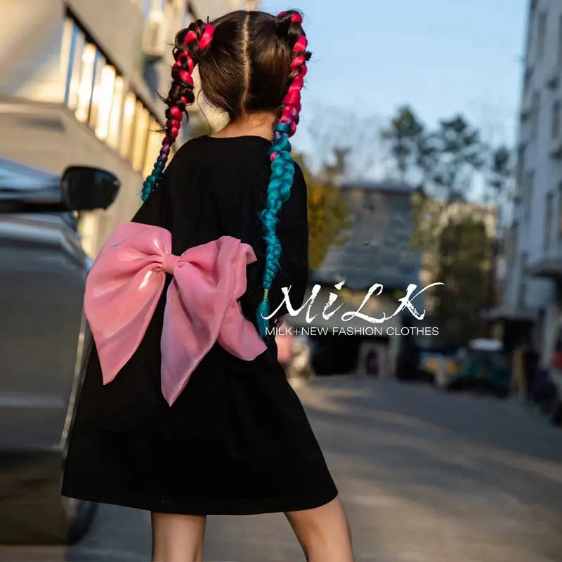 

Summer Baby Girl Short Sleeve Big Bow Black T-shirts Dress Fashion Loose Cotton Dress Children Streetwear Party Dance Clothes