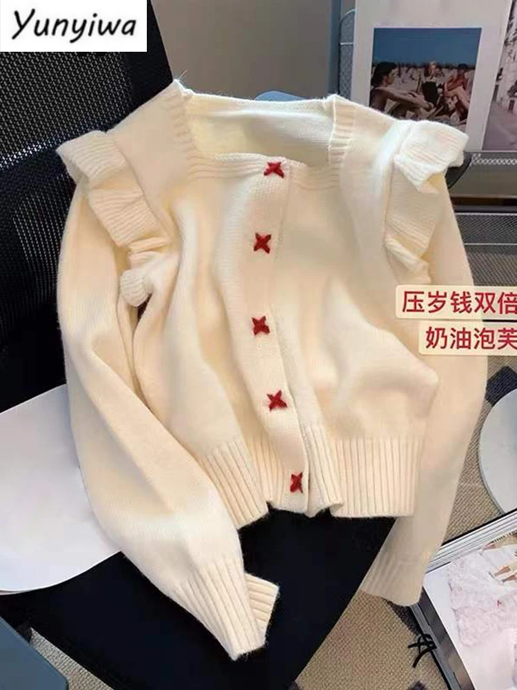 

Женский однобортный Кардиган с оборками, белый вязаный Повседневный Кардиган с квадратным воротником, в Корейском стиле, осень 20