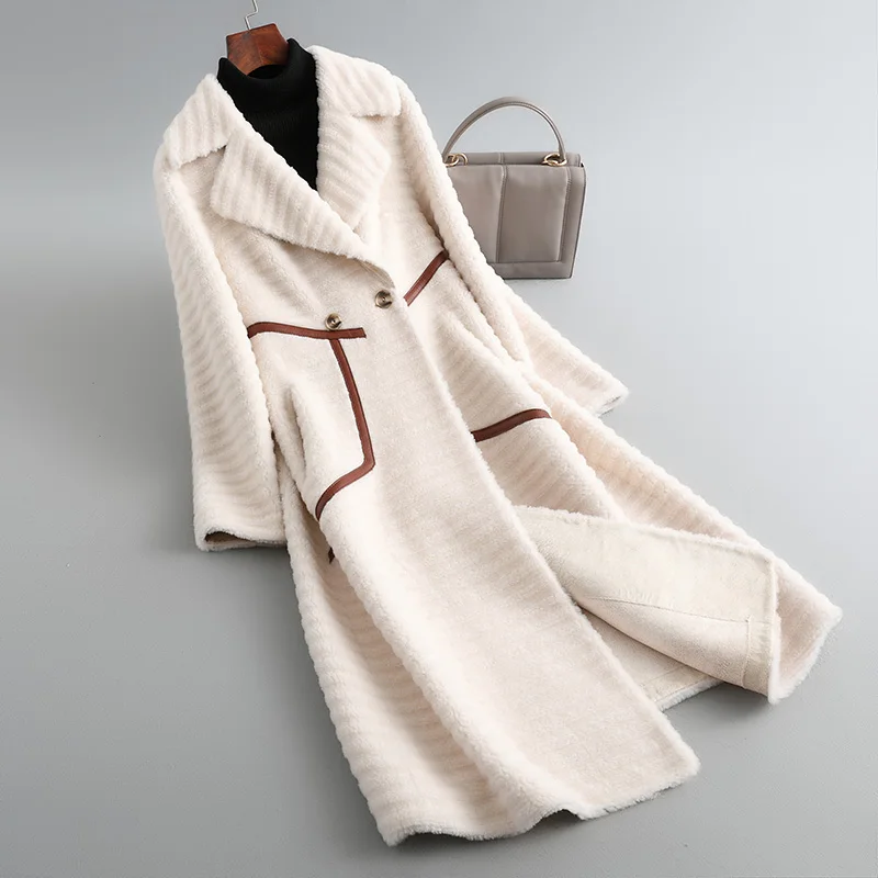 

Женская длинная куртка из овечьего меха, однотонная теплая куртка из натурального овечьего меха, модель F433 на зиму, 2022