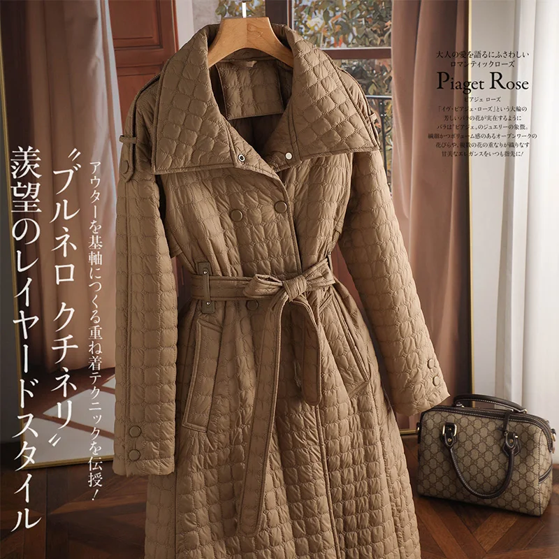 Thin Long Duck Jacket Women 90%  White Goose Down  Office Lady  Covered Button  Adjustable Waist  Abrigos Mujer Invierno 2022