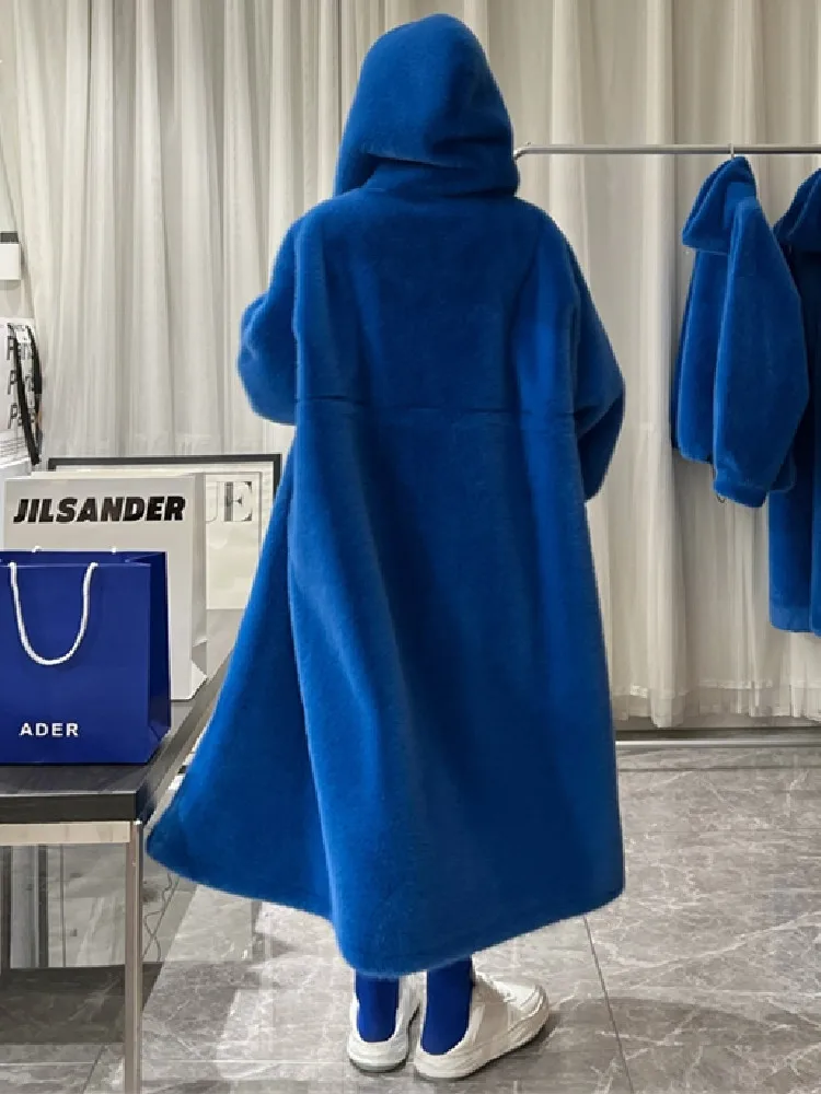 Winter Blue Color Drawstring Waist Warm Hooded Long Faux Fur Coat Casual Long Sleeve Oversized Women Fur Jacket Loose Outwear