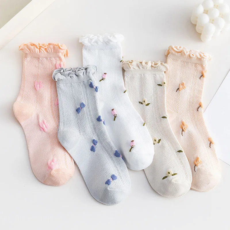 Women Socks Floral Vintage Girls Sock Breathable Cotton Kawaii Short Sox Summer Ultra-thin High Quality Lolita Ankle Calcetines