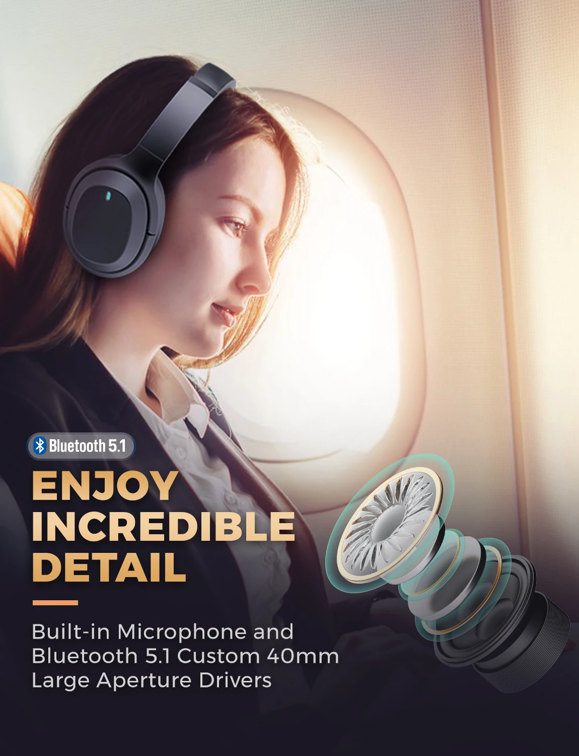 

Active Noise Cancelling Headphones with 55 Hours Playtime, Bluetooth 5.0 Wireless Over Ear Headset with Hi-Fi Deep Bass,