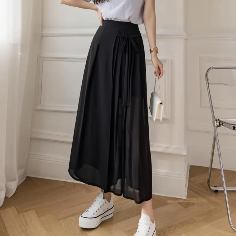 

Summer Solid Color Loose Wide Leg Pants Casual High Waist Lace Up Pleated Chiffon Pants Holiday Style Female Leisure Trousers