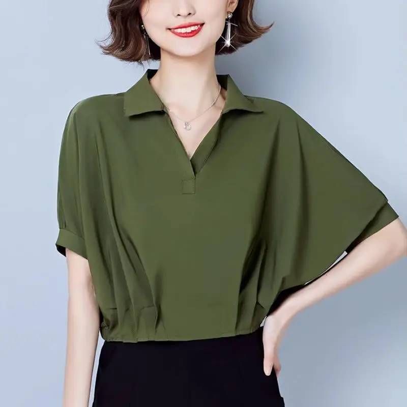 Женская одежда летний Однотонный пуловер Элегантная футболка с отложным