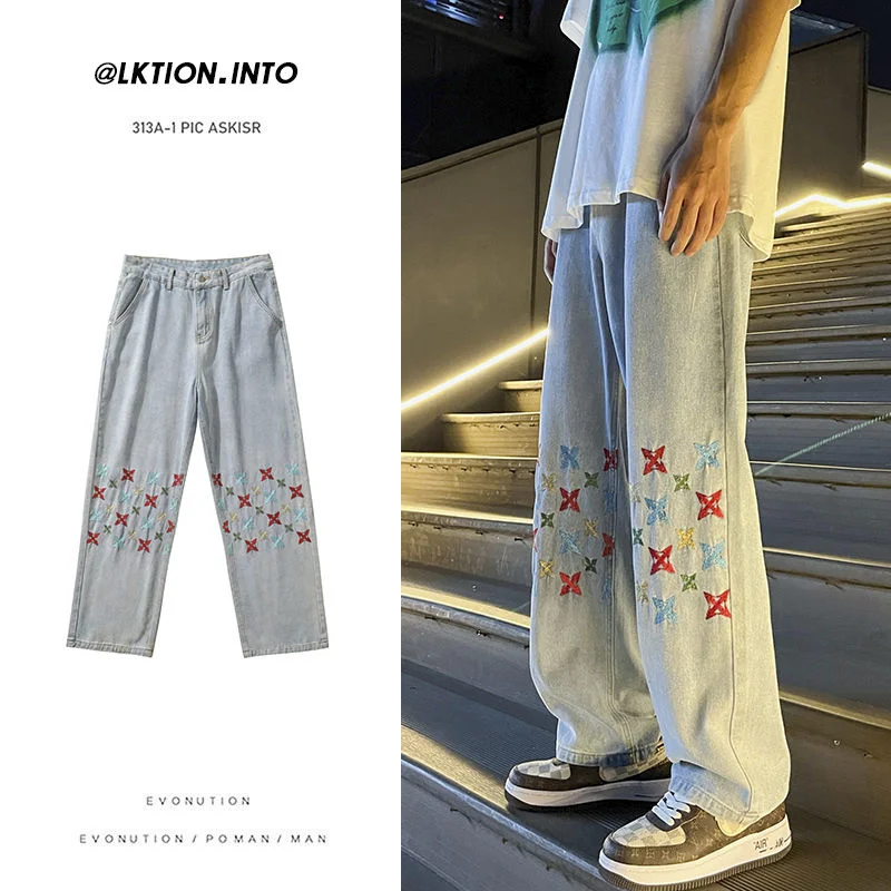 

2022 мужские мешковатые джинсы с карманами, классические черные/синие повседневные брюки с вышивкой, байкерские джинсовые свободные брюки