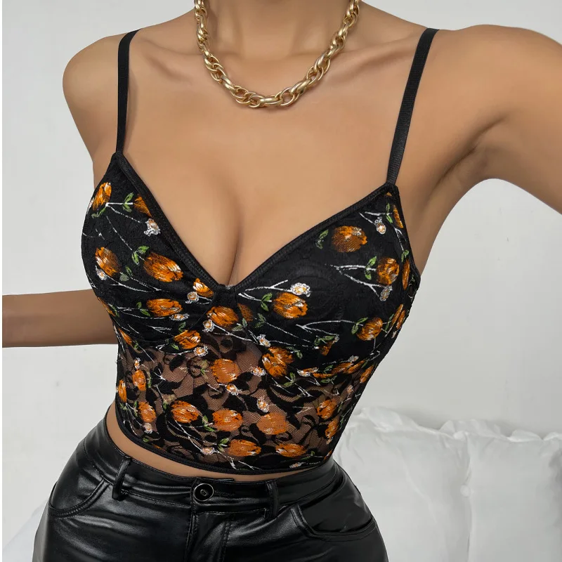

Koltailace Print Flower Cami Top Women Adjustable Strap Backless Cropped Camisole Fashion Spring Sexy Top