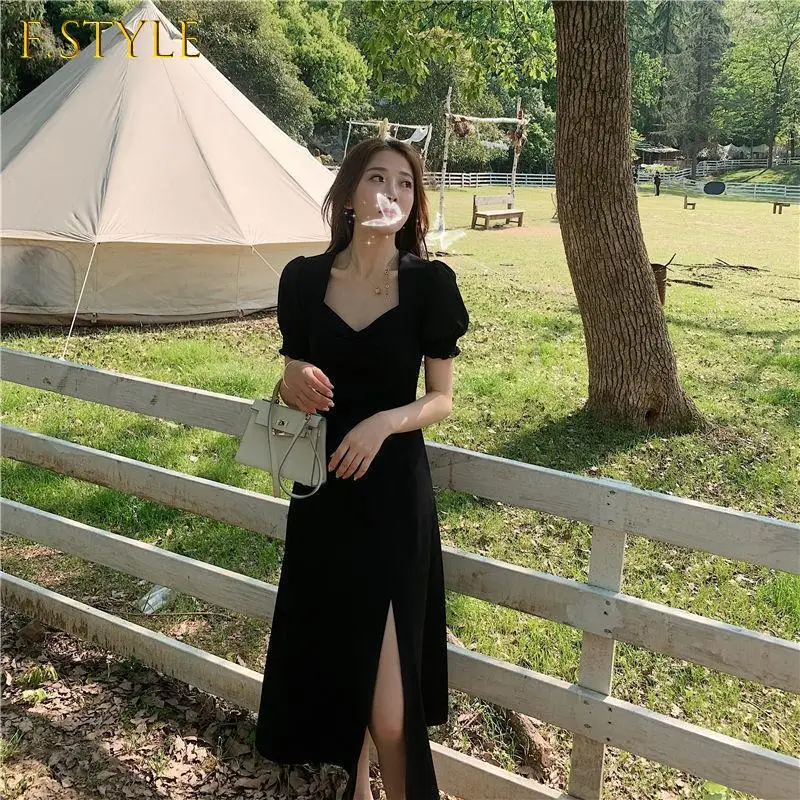 

F GIRLS Dress Women Retro Side-slit Puff Sleeves Sexy Ladies Party Wear Fit Korean Style Comfortable Breathable Summer Ins