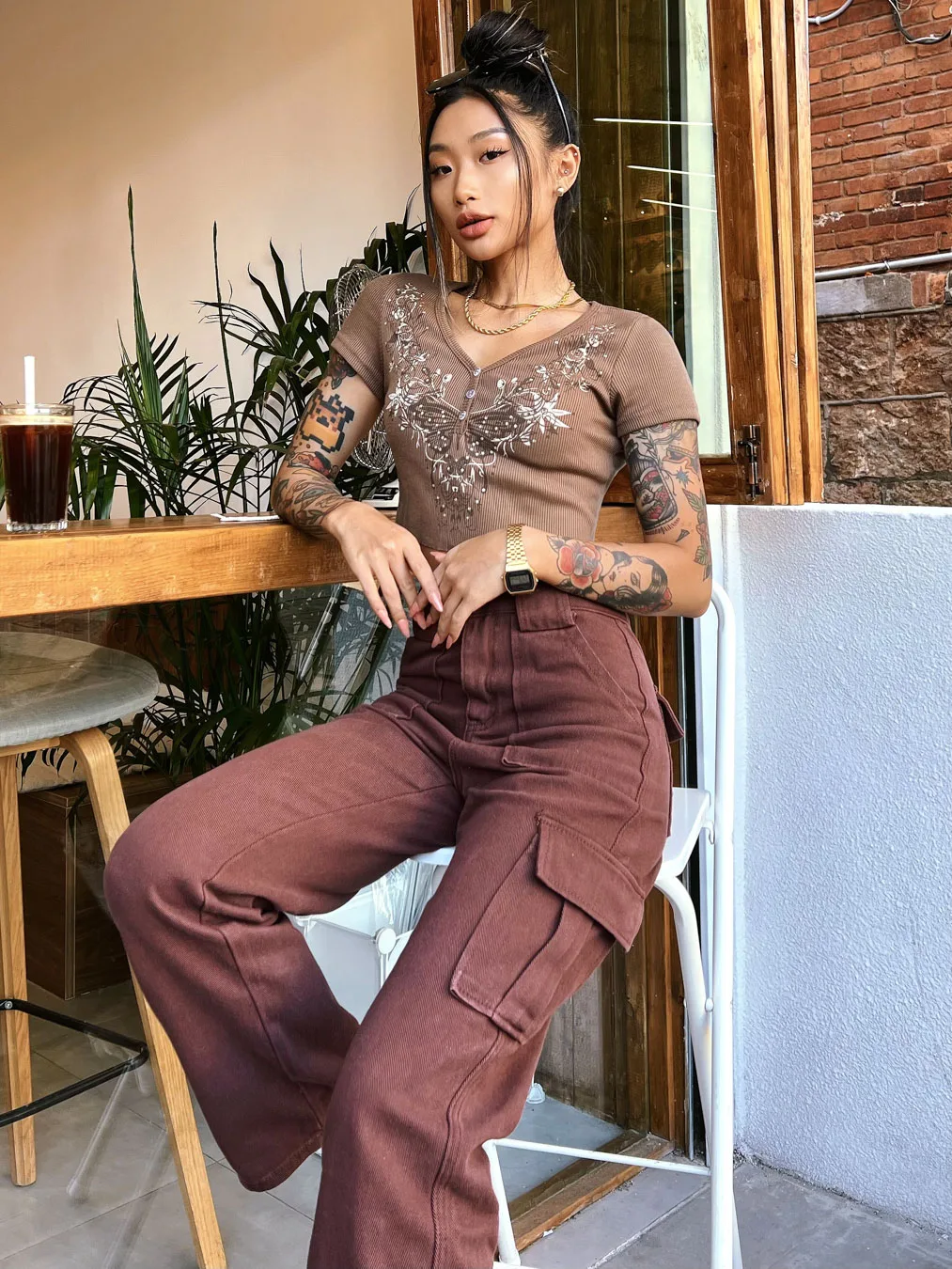

Fashion Woman High Waist Jeans Brown Straight Jeans Denim Clothing Cargo Streetwear Vintage Pockets Trousers Women's Pants