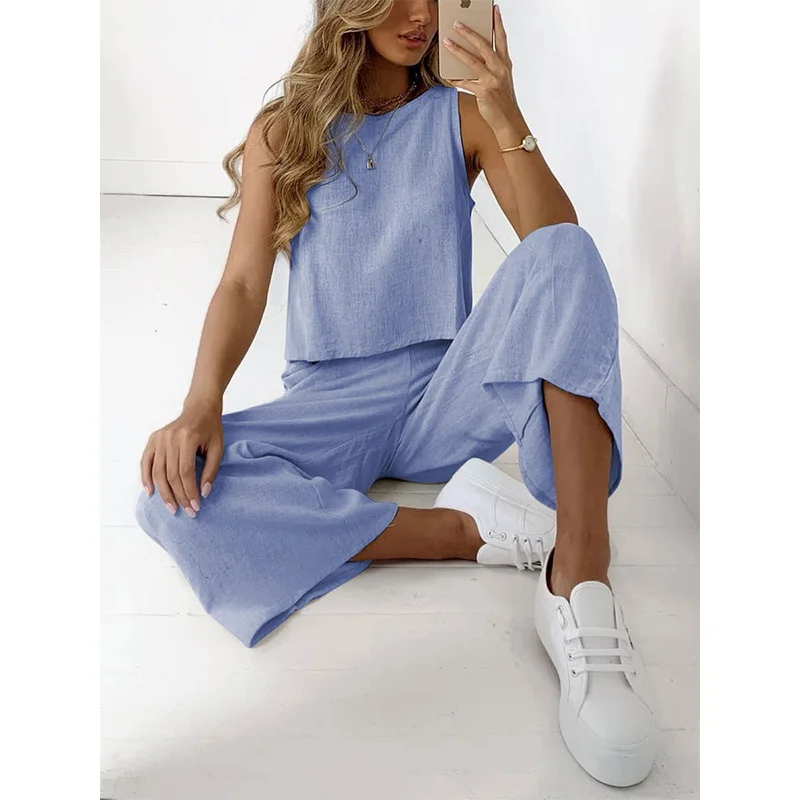 

New Casual Two Piece Set for Women Fashion Sleeveless Crop Top + High Waist Wide Leg Straight Pants Outfit Summer Elegant Suits