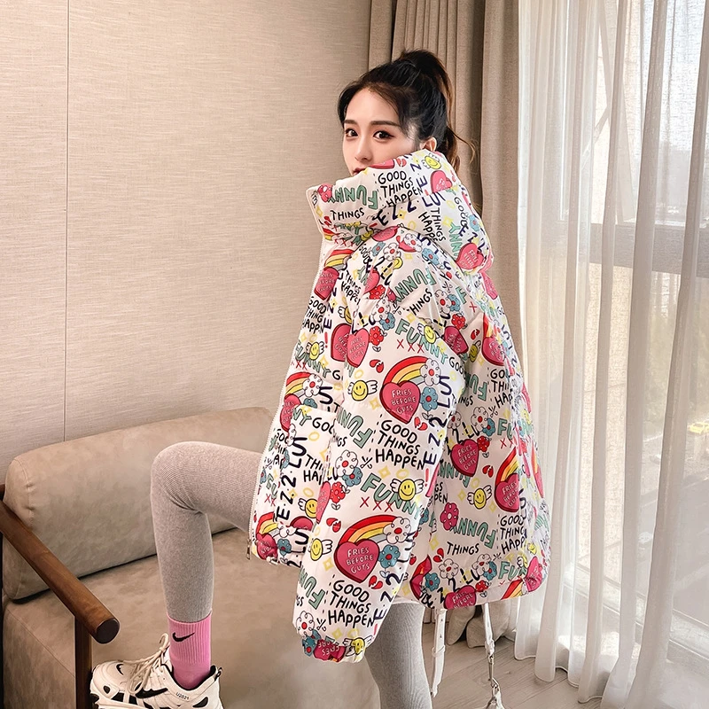 Women Down Cotton High Collar Winter Polyester Print Short Parkas Warm Fashion Coat Padded Female Elegant Jackets Zipper Clothes