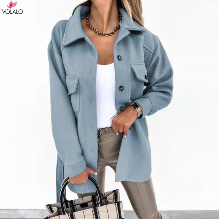 

Jacket Women Solid Color Woolen Coat Single-Breasted Bandage Turn-down Collar Long Sleeve Suits Woman Clothing Loose Cardigan