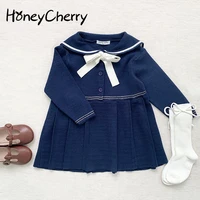 honeycherry autumn baby girl knitted dress japanese style navy collar girl pleated dress girls clothes