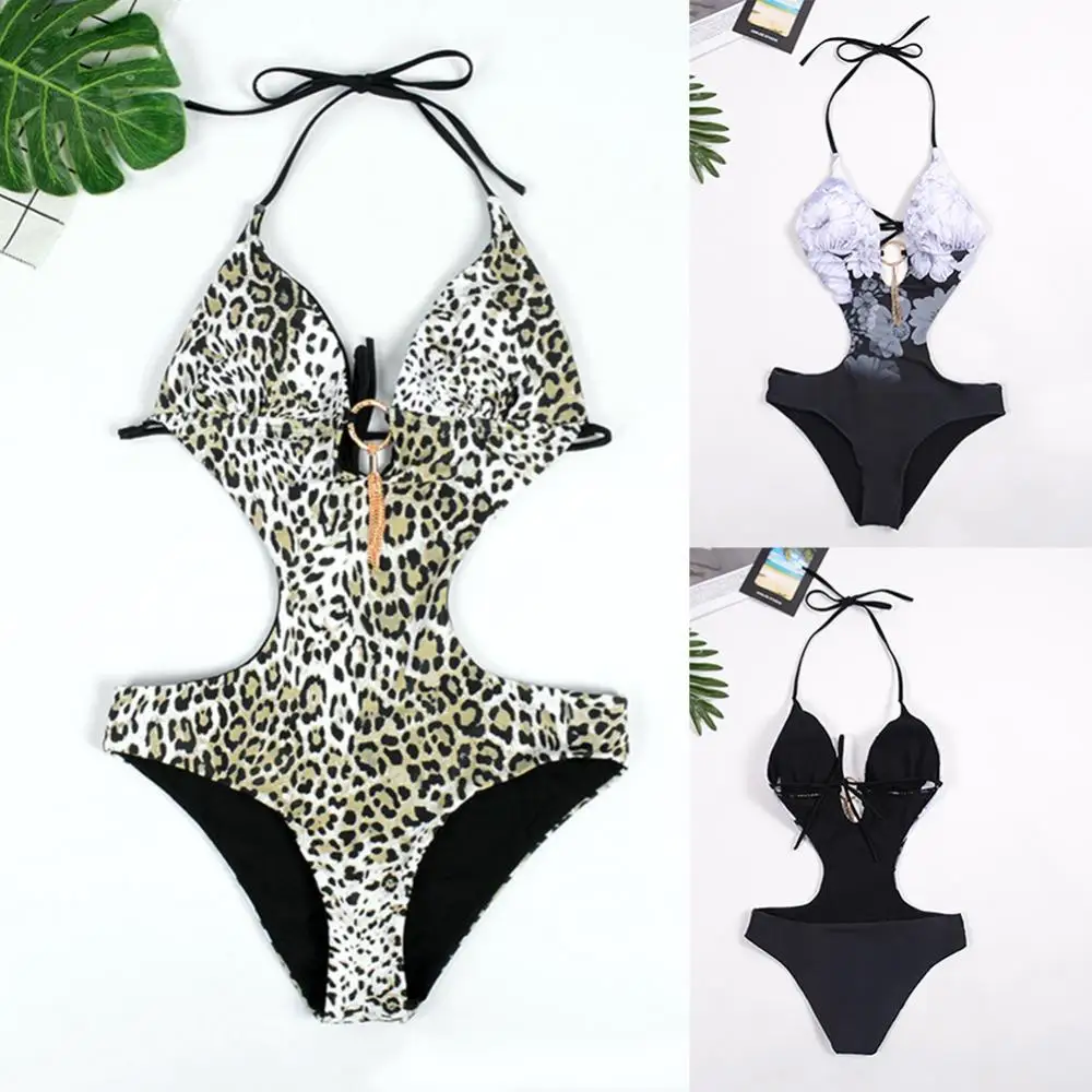 

Belly Cover Sexy Floral Halter Women Swimwear Swimsuit Leopard Print Monokini Swimsuit