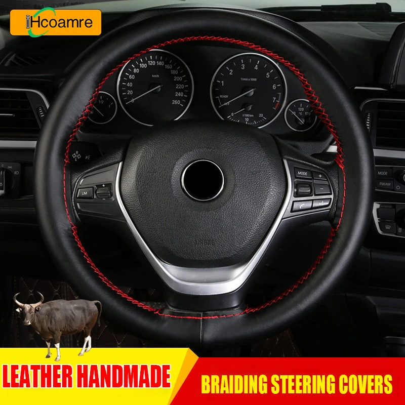 

37CM-38CM Universal Genuine Leather Steering Wheel Cover Anti-Slip Braiding Cover for Steering Wheel Cowhide Steering Protector