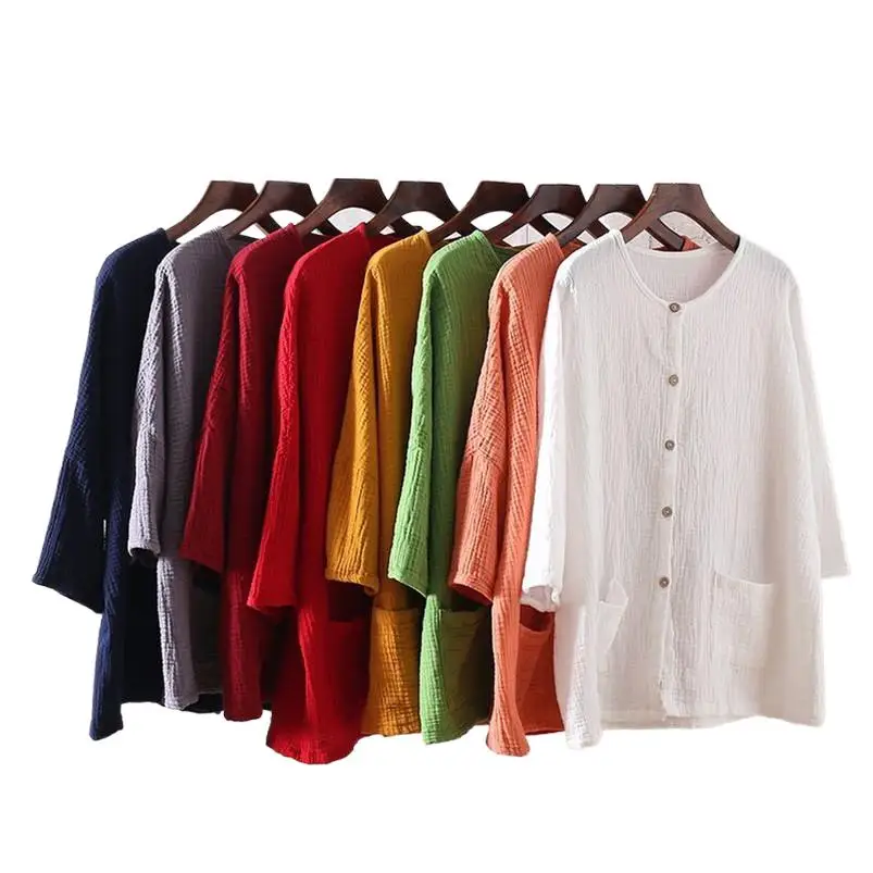 

2023 Vintage Fashion Women Cotton Linen Short Jackets Ladies Button Solid Coats Female Casual Clothes Outwear