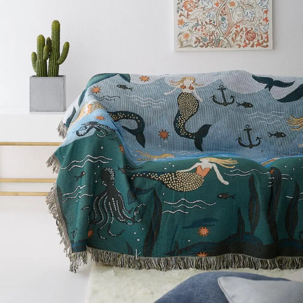 Home Mermaid Pattern Knitted Sofa Throw Blanket Universal Sofa Cover Decorative For Travel Plane Blanket Living Room Decorate chic quality comfortable drawstring style knitted mermaid design throw blanket