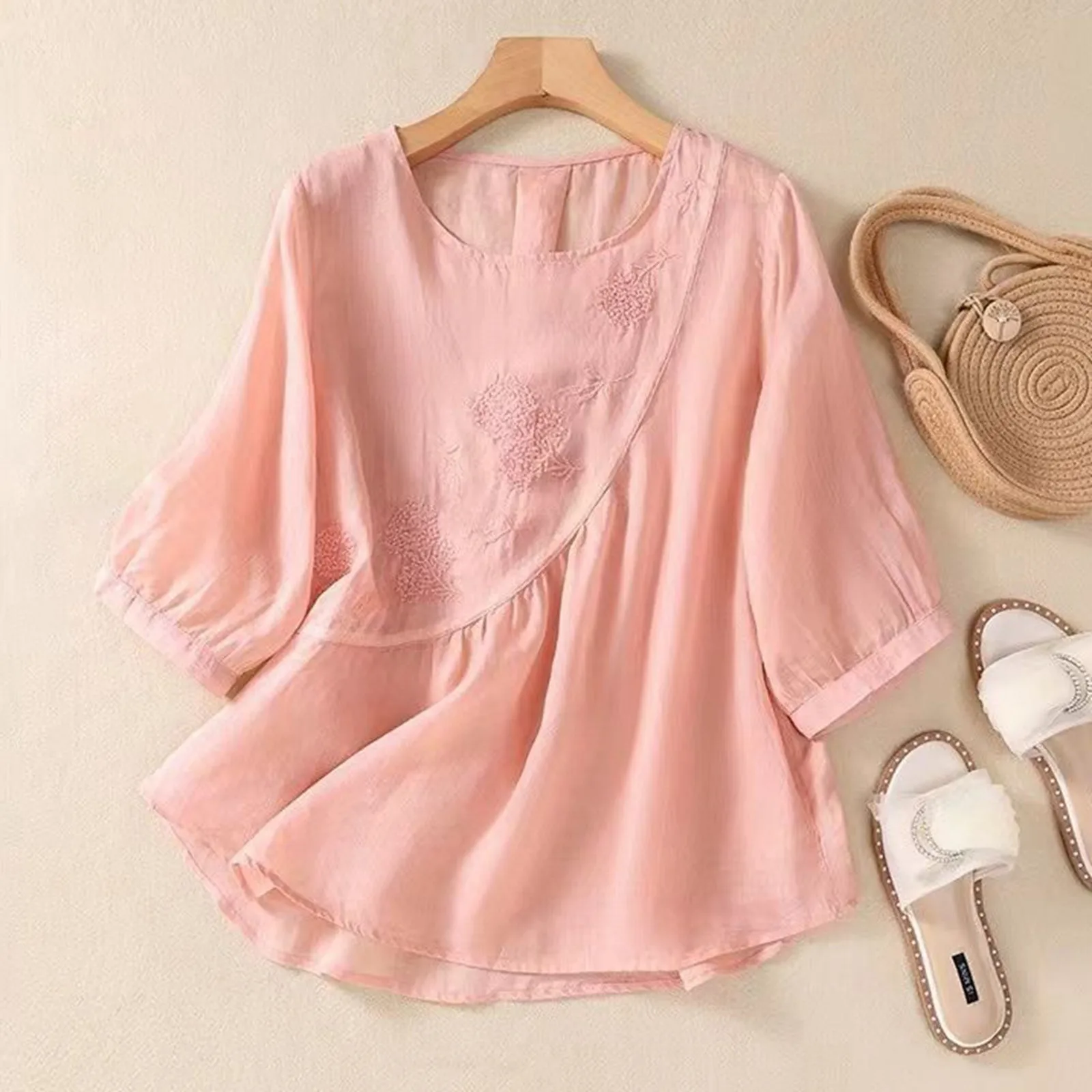 Рубашка женская компрессионная с вышивкой блуза круглым вырезом и длинным