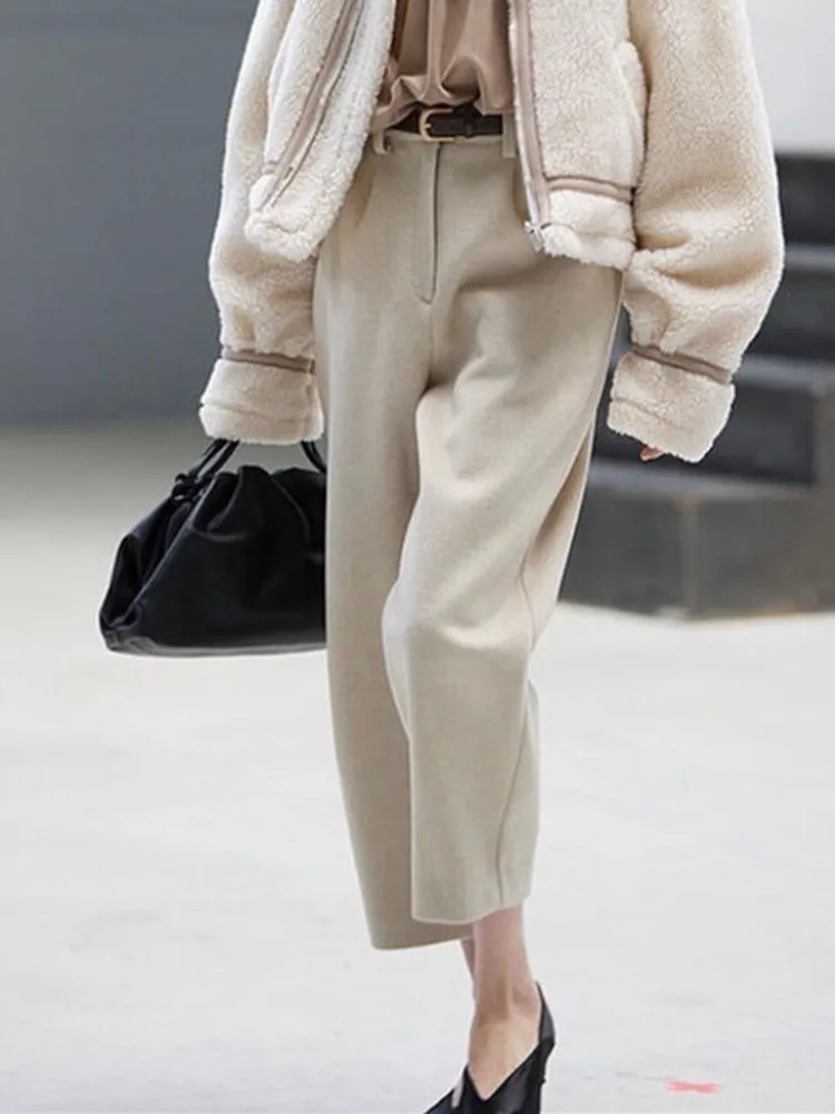 Women Solid Color Woolen Suit Pants 2022 Autumn Winter Warm and All-Match Soft Zipper Ankle-Length Trouserd for Ol