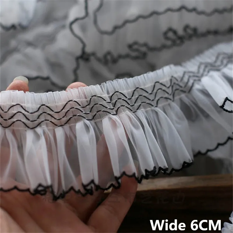 

6CM Wide White Pleated Organza Embroidery Fringe Ribbon Lace Fabric Dress Collar Neckline Ruffle Trim DIY Sewing Guipure Decor