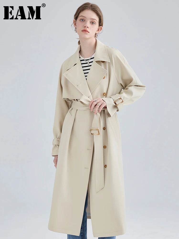 

[EAM] Women Yellow Belted Big Size Long Trench New Lapel Long Sleeve Loose Fit Windbreaker Fashion Spring Autumn 2022 1DF0330