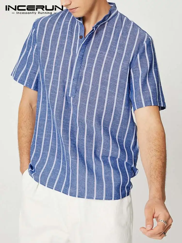 

INCERUN Men Shirt Striped Stand Collar Short Sleeve Streetwear Summer 2022 Casual Men Clothing Fashion Leisure Camisas S-5XL